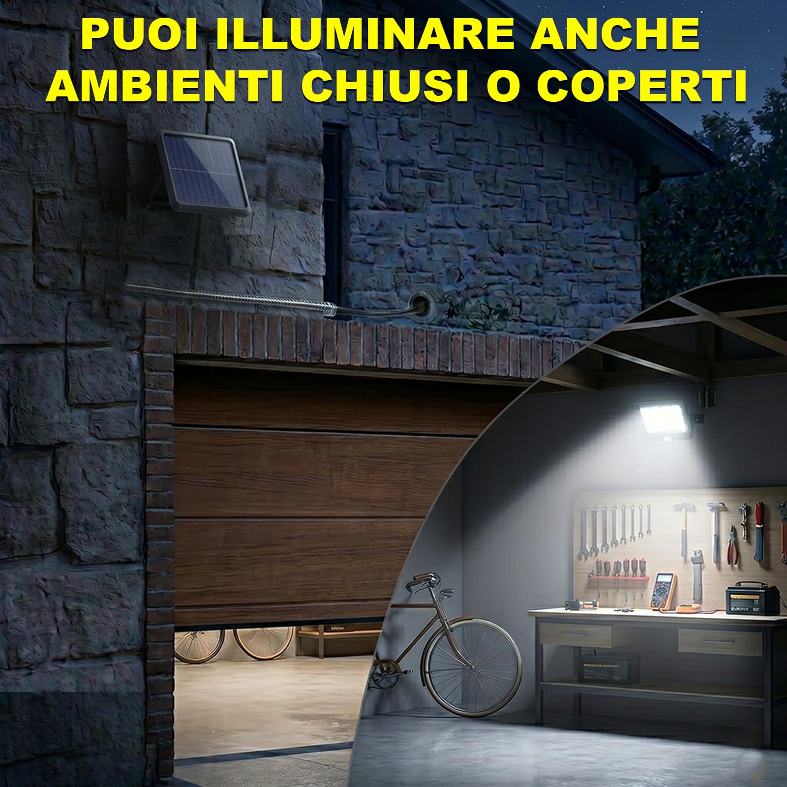 Kit 5 Faretti Solari LED da Esterno con Sensore di Movimento e Crepuscolare Automatico, Pannello Separato, Telecomando, Impermeabile IP66, Luce Potente per Giardino, Garage, Cortile, Strada, Vialetti