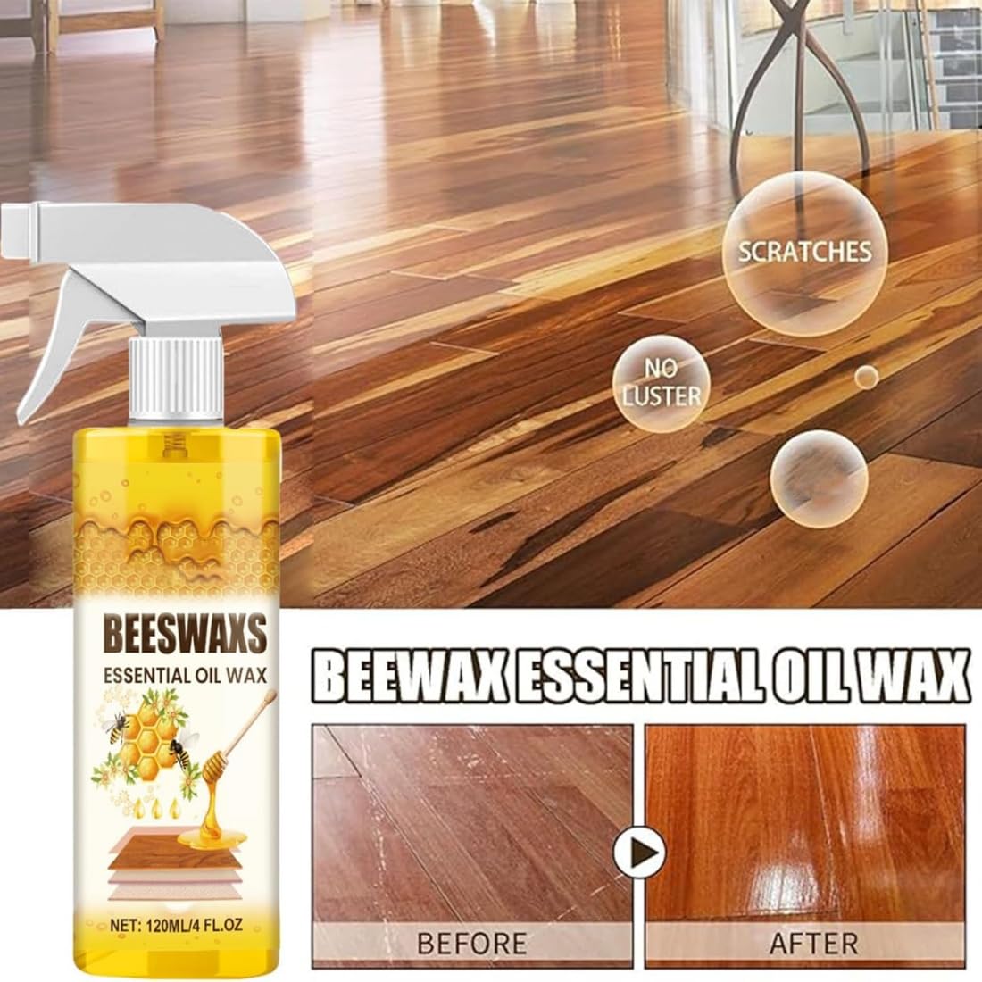 Beeswax Wood Polish Spray, Cera de Abeja para Muebles y Madera, Limpiador y Protector Natural, Spray Fácil para Armarios, Suelos, Mesas y Muebles (3PC)