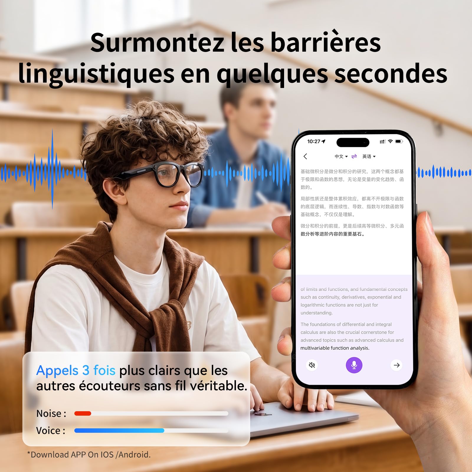 Lunettes Intelligentes AI, Lunettes de Traduction, Verres 3 Couleurs Interchangeables, Protection UV, Appareil Photo HD avec Flash LED, Assistant Vocal, pour Courir, Rouler, Réunion d'affaires