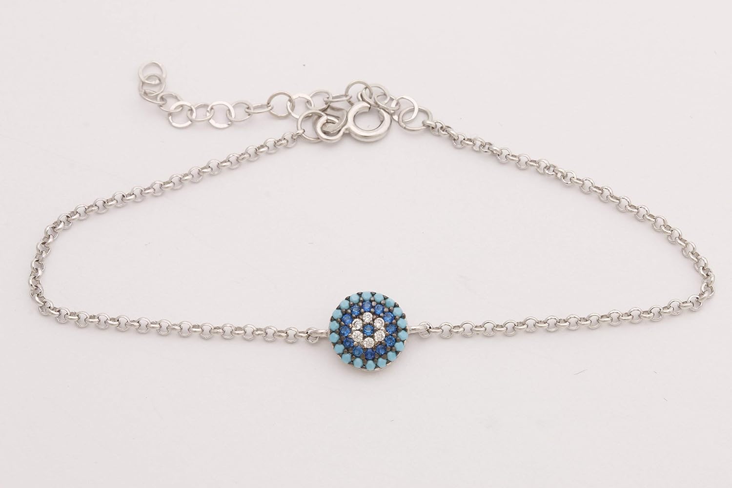 Special Design Turkish Evil Eye Handmade 925 Sterling Silver Round Cut Turquoise Sapphire White Topaz Rhodium Bracelet