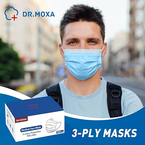 Miniatura 7 de Paquete de 500 mascarillas médicas desechables transpirables de 3 capas para protección, color azul, fabricadas en Estados Unidos