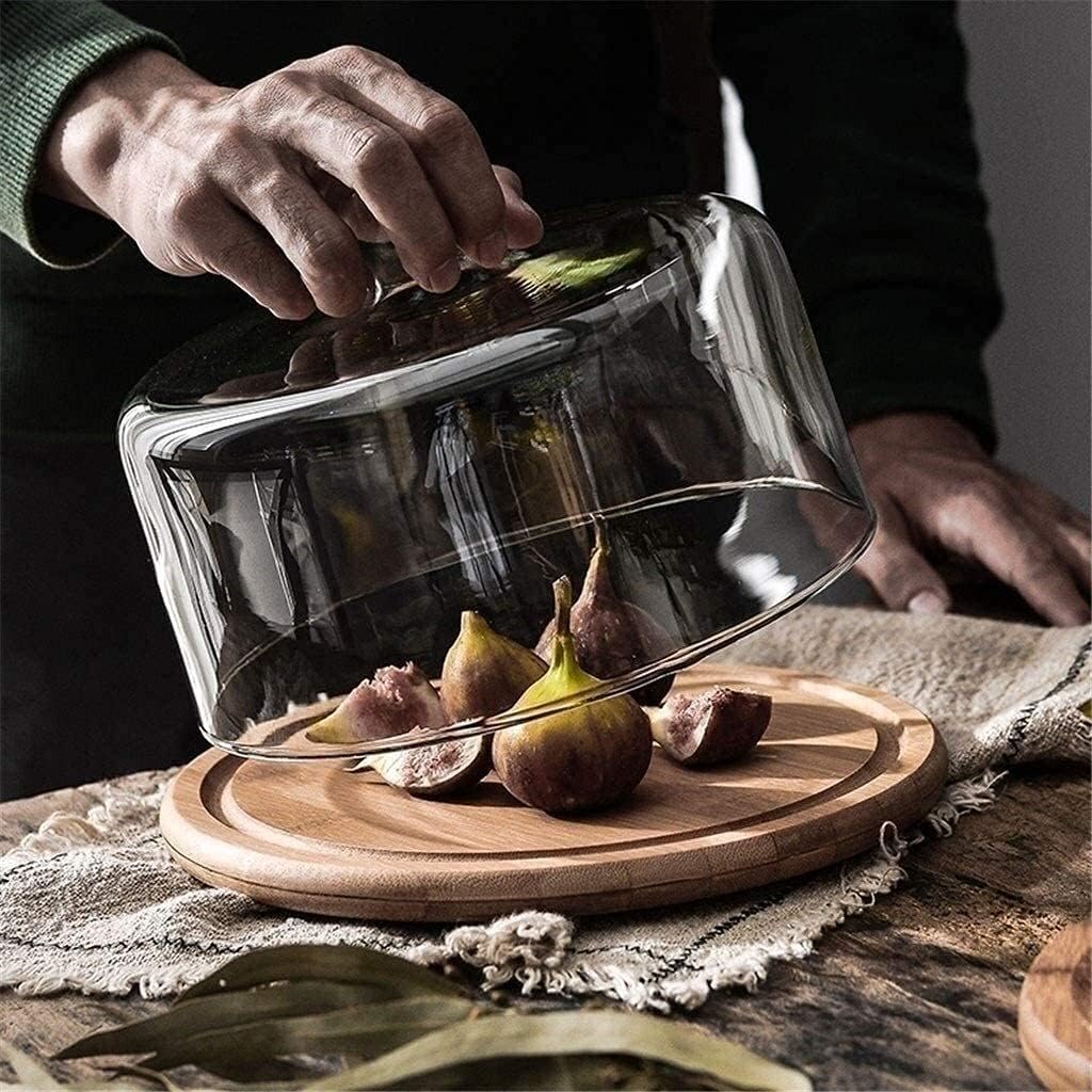 Transparent Salad Dome Restaurant Cake Glass Cover Wooden Dessert Bread Tray Hotel Steak Tray Chip Dip Server (Size : 212110CM) (21 * 21 * 10CM) image 3