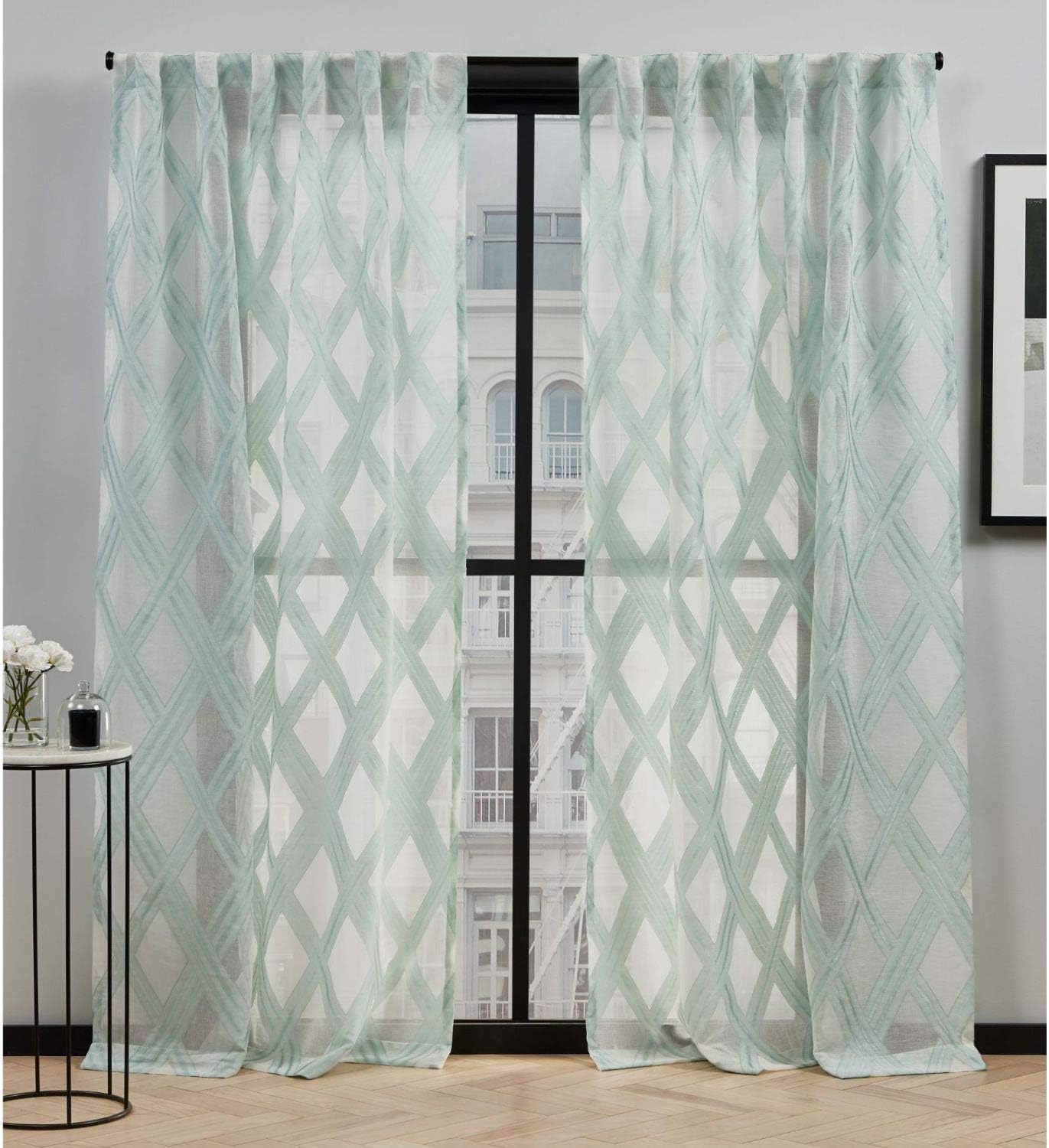 Elle Decor Naomi Sheer Back Tab Rod Pocket Curtain Panel Pair, 54"x84", Spa Blue, Set of 2