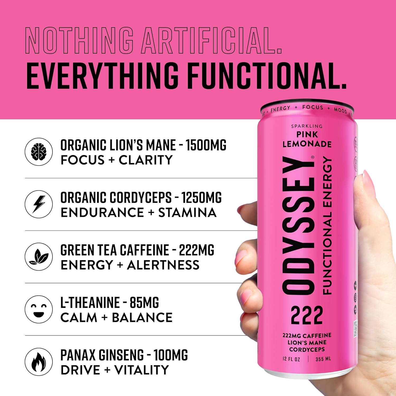 Odyssey Functional Energy Drink for Focus, Cognition & Mood Support 12 Pack - Adaptogenic Drink with 222mg Green Tea Caffeine, Lion’s Mane, Cordyceps, L-Theanine & Ginseng, Sparkling Pink Lemonade - Image 3