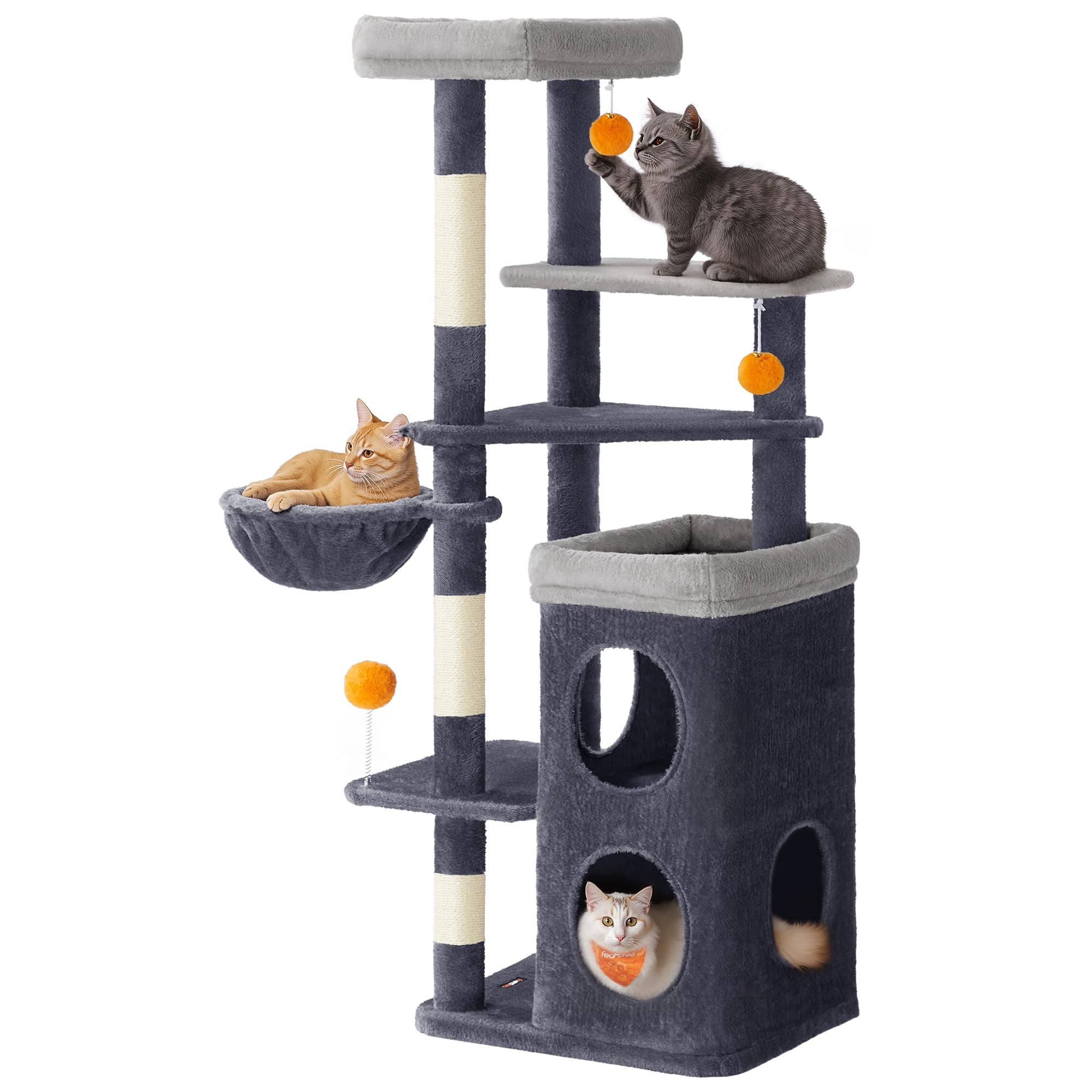 Feandrea Tall Cat Tree Tower, Multiple-Level Cat Condo with 2 Caves, 3 Scratching Posts, 3 Perches, Dark Gray UPCT007G02 L (21"L x 18"W x 60"H) Dark Gray