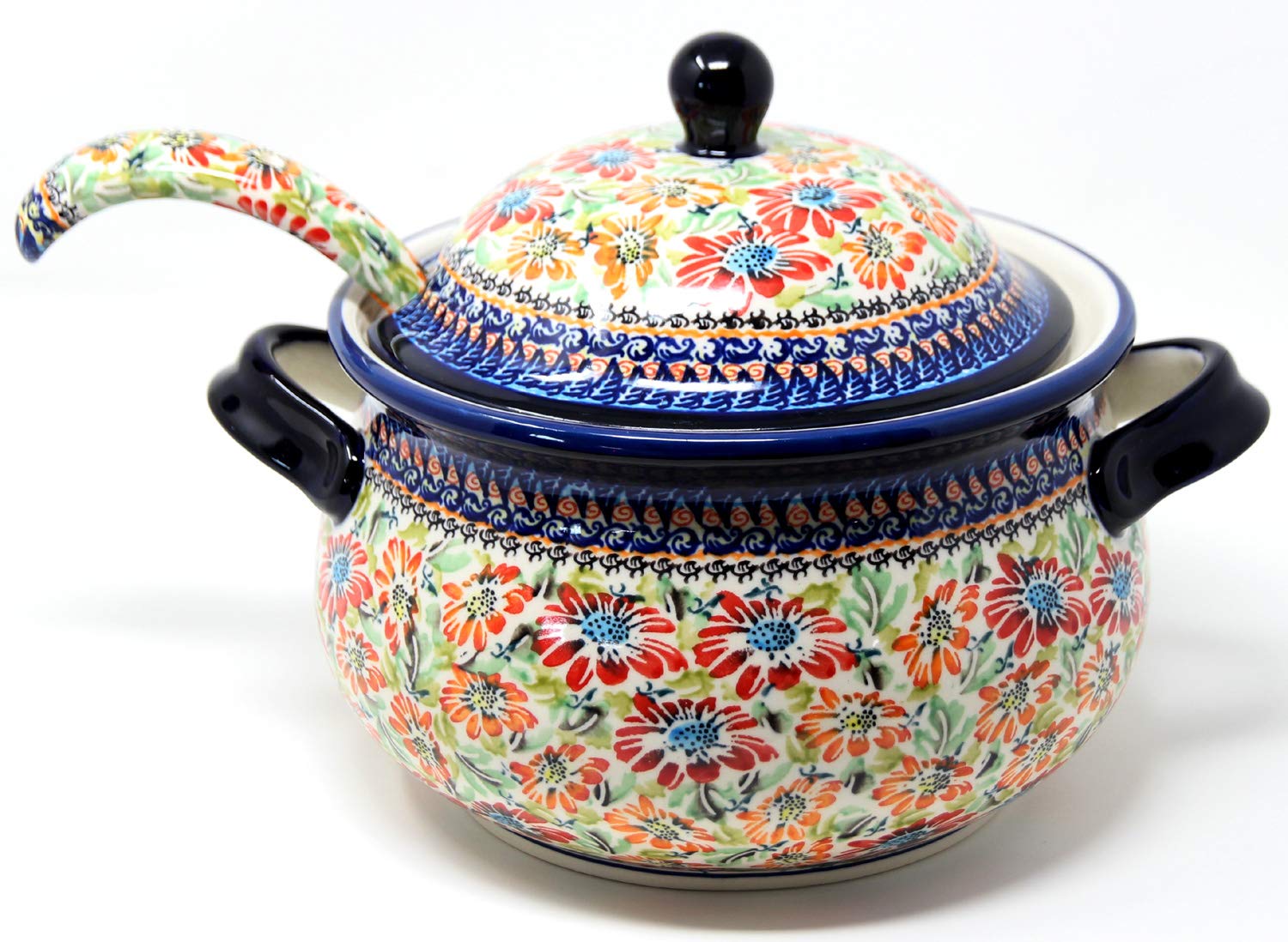 Polish Pottery Soup Tureen with Ladle in Floral Garden Unikat Pattern from Zaklady Boleslawiec Capacity: 3.17 quart