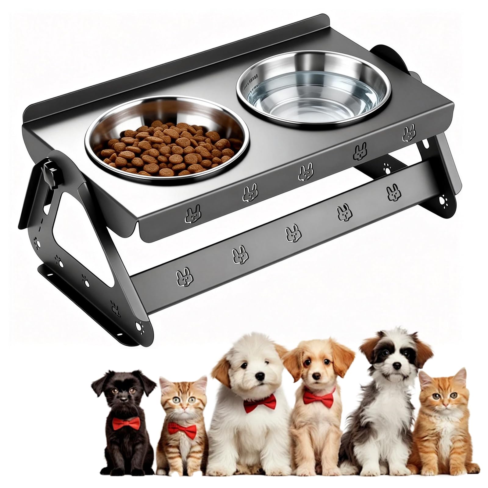 Ciotola rialzata per cani, gatti, in acciaio inox, supporto regolabile in altezza 8,5 – 16 cm, ciotola per gatti rialzata a 15°, mangiatoia con 2 grandi ciotole in acciaio inox per gatti e cani di