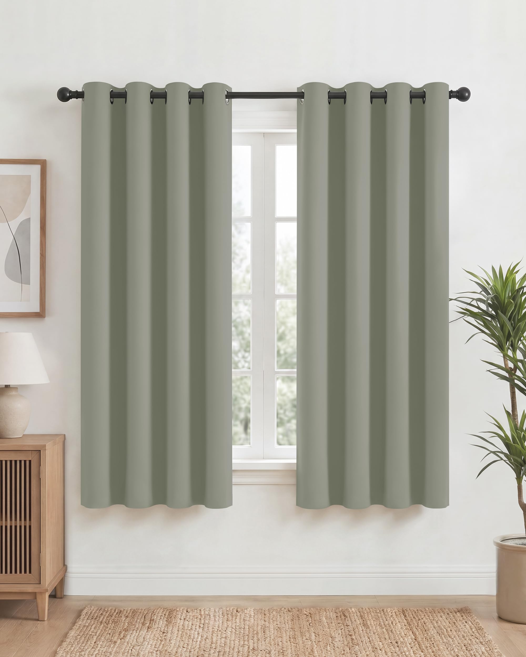 PONY DANCE Sage Green Eyelet Blackout Curtains 2 Panels W52 xL63, Thermal Insulated Room Darkening Drapes for Master Bedroom & Study, Essential Energy Saving Privacy Noise Reducing Set