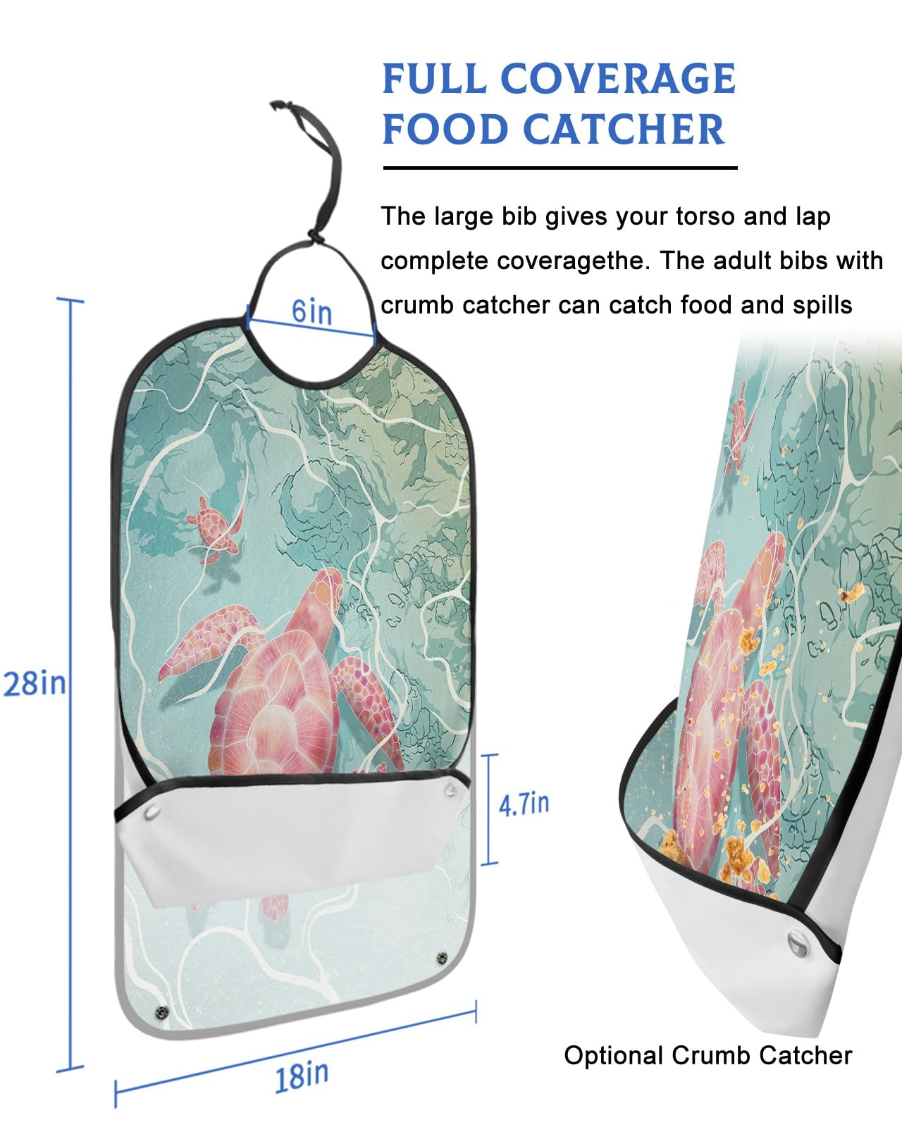 LEOKOTI Underwater World Animals Adult Bibs for Eating, Waterproof Bibs with Food Catcher & Adjustable Snap Closure, Ocean Pink Turtle Washable Clothing Protectors Adult Bibs for Elderly Women/Men