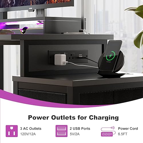 Miniatura 6 de Escritorio pequeño para juegos con 2 cajones de tela, escritorio reversible para computadora con toma de corriente y luces LED, escritorio de