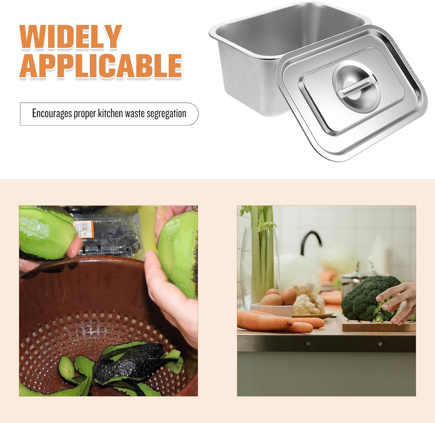 HEMOTON Stainless Steel Compost Bin for Kitchen Food Waste with Lid, Indoor Countertop Composting Container Waste Segregation and Convenient Kitchen Storage