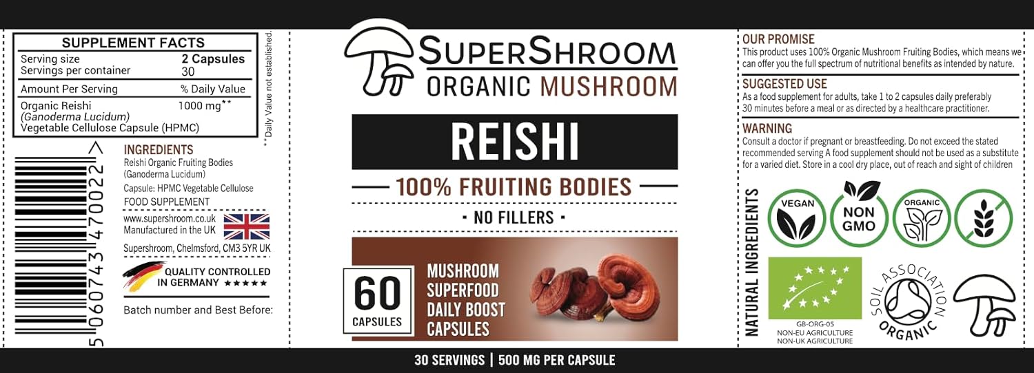 Organic Reishi SuperShroom Supplements | Full-Spectrum Mushroom Powder | 100% Fruiting Bodies | 60 Capsules | No Fillers
