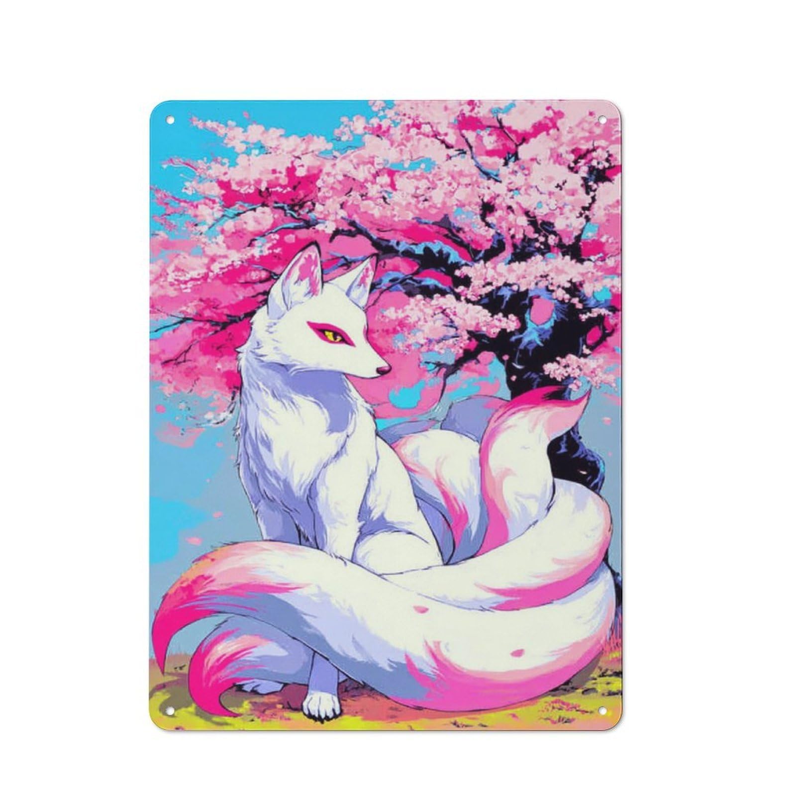 Junmoney Cherry Blossom Fox Fantasy Artwork Decorative Tin Sign With Design 40X30cm, Farmhouse Cottage Wall Art For Farmhouse Kitchen, Pantry Or Dining Area