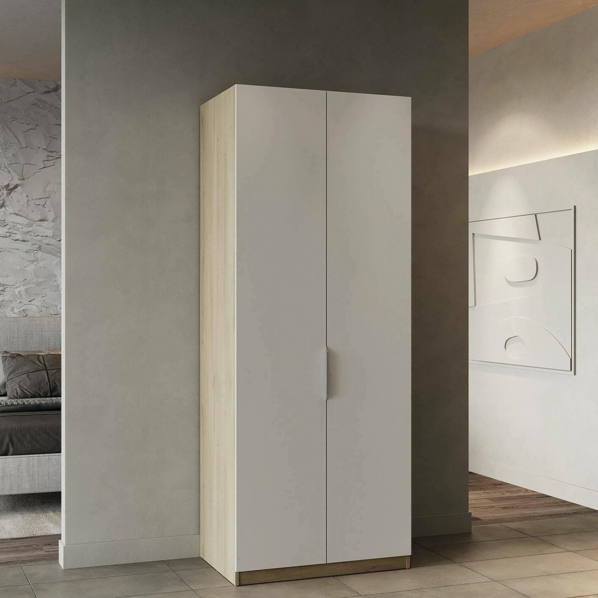 Dmora - Guardaroba 2 Ante Isere, Mobile Camera da Letto, Cabina Armadio portabiti, Armadio Appendiabiti, 79x51 h203 cm, Rovere e Bianco Opaco