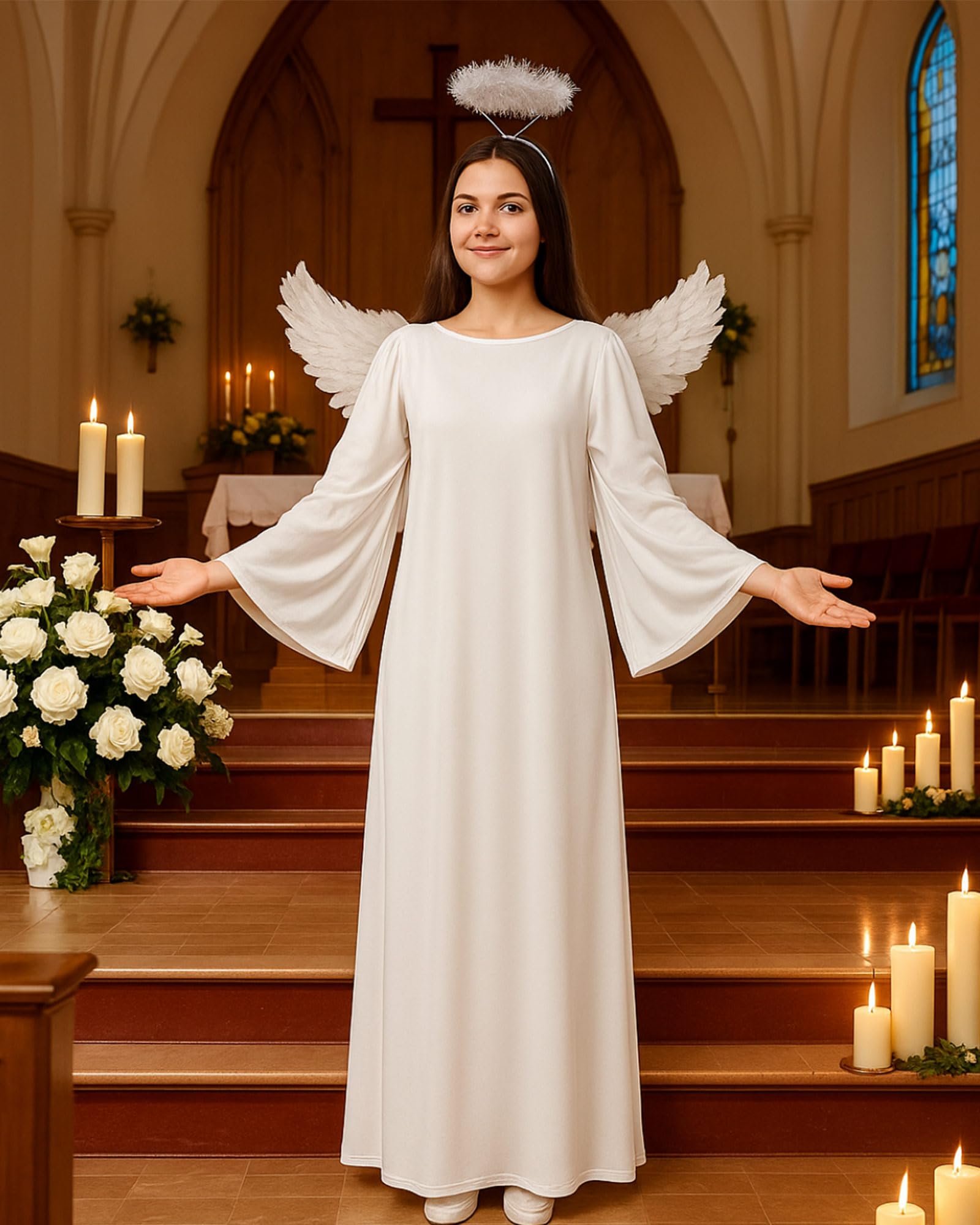 Toulite Engelskostüm für Damen, inklusive Engelskleid, Stirnband, Flügel, Krippenkostüm für Halloween, Erwachsene, Kinder, Mädchen, Jungen, 3 Stück