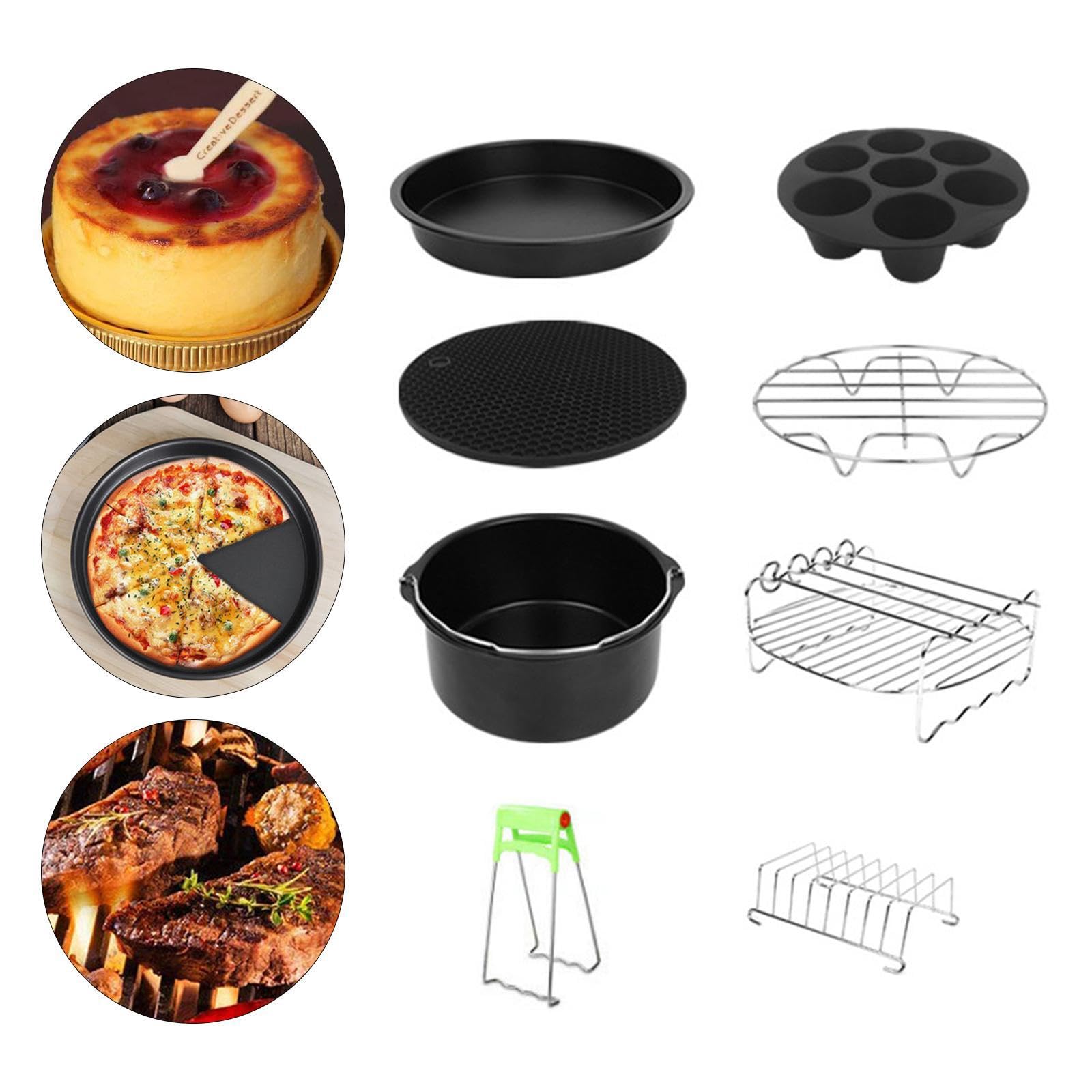 Set di 8 accessori per friggitrice ad, include una varietà di | forno, tra cui cestini per torte, pirottini per muffin, teglie per pizza, stampi per grigliate, utensili per cucinare.