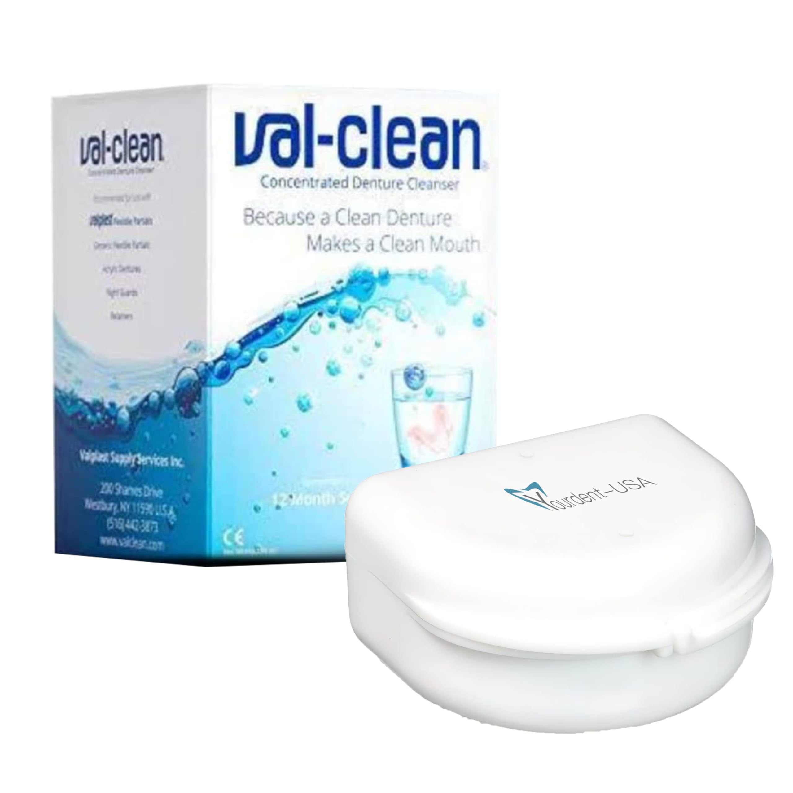 Val Clean Denture Cleaner 12 Packet for 1 Year and Dental Retainer Case, Denture Night Guard, Perfect Combo