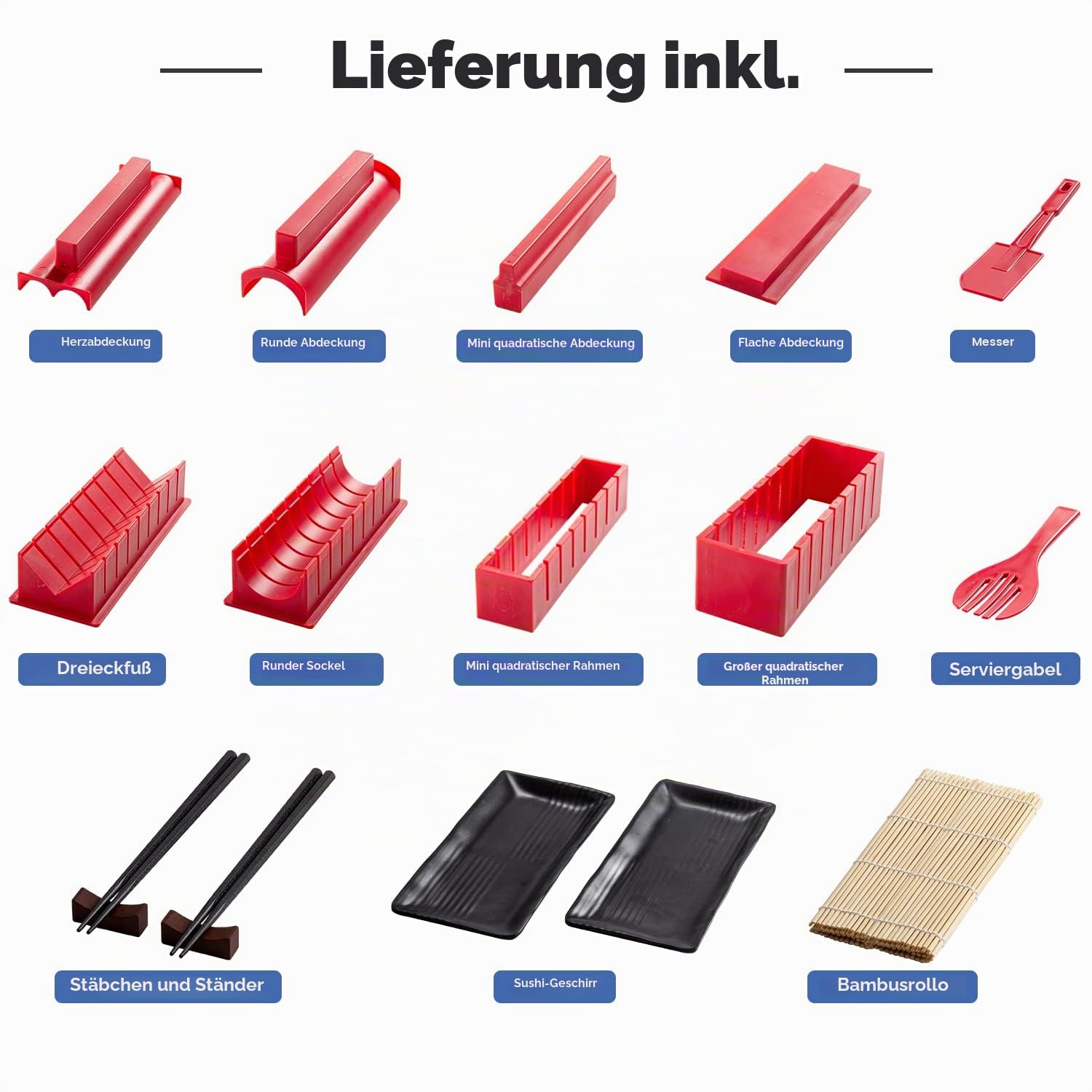 Sushi Making Kit 17 Stück Sushi-Set Sushi Form Set Mehrere Formen DIY Sushi Selbst Machen Set, Sushi-Matten, Sushi-Teller,Essstäbchen (Rot)