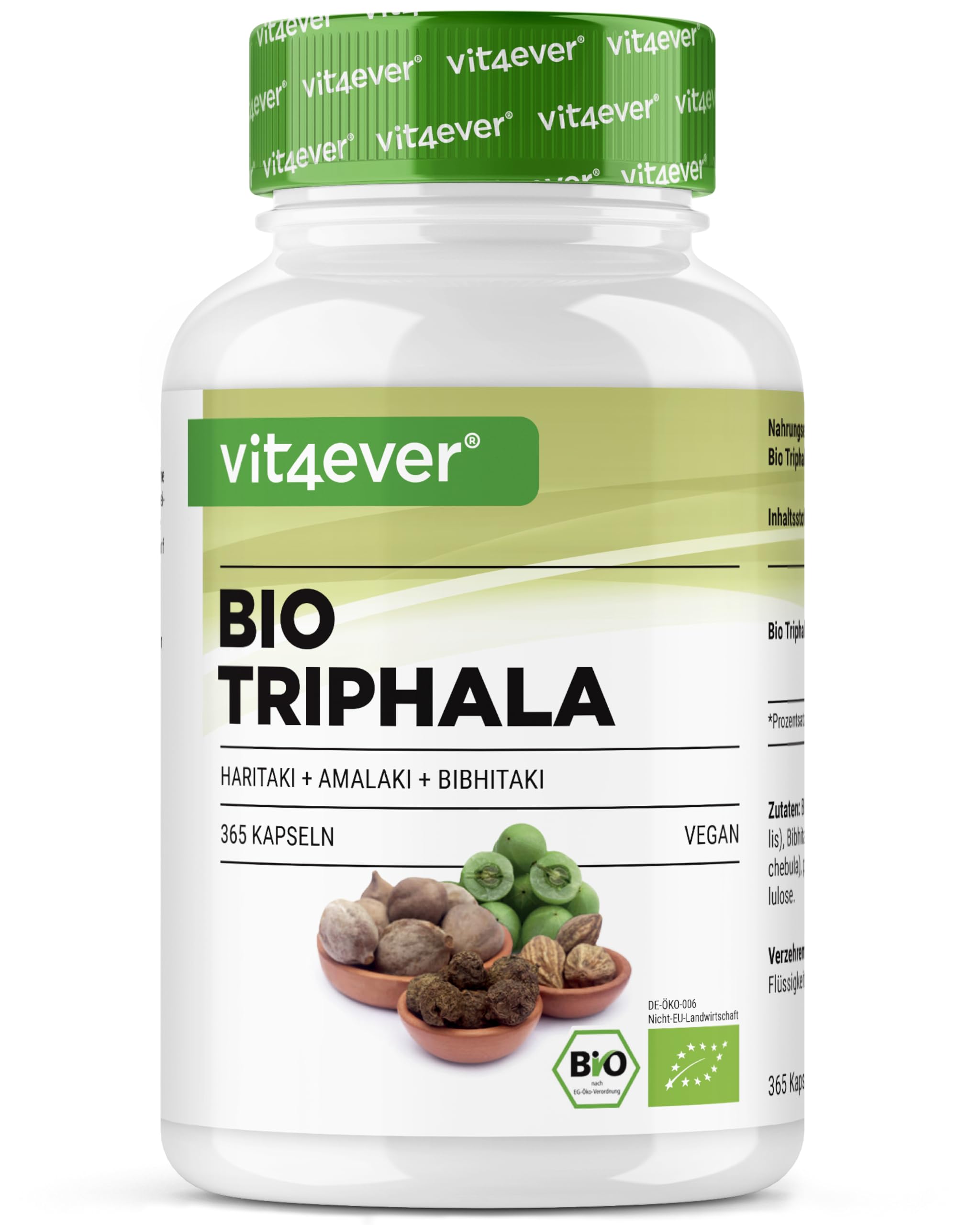 Triphala biologica - Alto dosaggio di 2000 mg (500 mg per capsula) - 365 capsule - Triphala in polvere dall'India: Haritaki, Amalaki, Bibhitaki - Senza additivi - Vegan