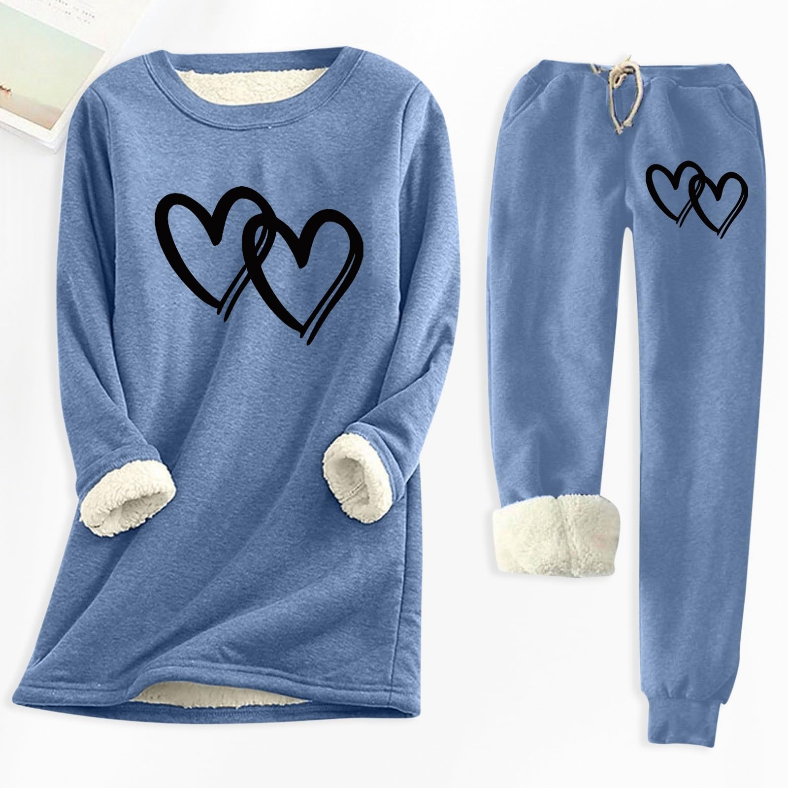 Generisch Damen Fleecefutter Thermoset Aufdruck Slim Fit Oberteil und Hose für kaltes Wetter Herbst Winter warm bequem Dickes Loungewear Set Thermounterwäsche Fleeceunterwäsche Oberteil