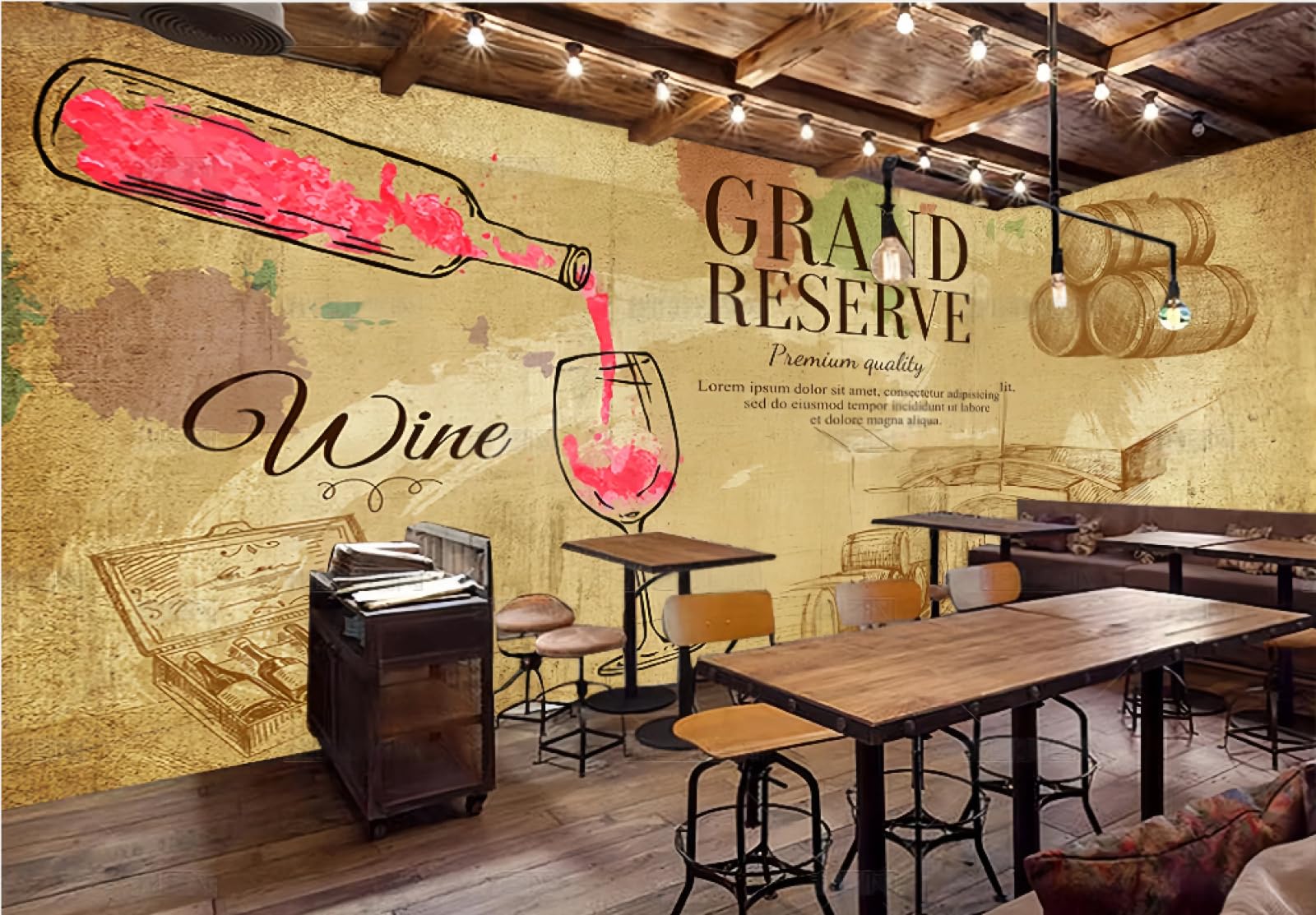 Tapeta w stylu vintage z drewnianą beczką do winnicy, piwnicy, baru, hotelu, kawiarni, restauracji, 3D, 150 x 105 cm