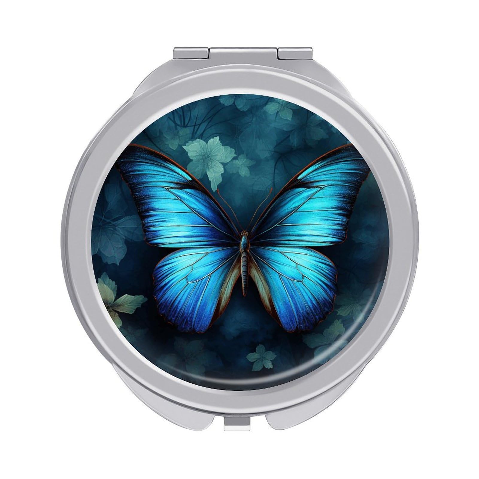 VstaDank Blue Butterfly Pattern Travel Makeup Mirror Cute Compact Mirror for Women 1X/2X Magnifying Metal Pocket Makeup Mirrors Folding Round Makeup Mirrors for Handbag Wallet & Gift