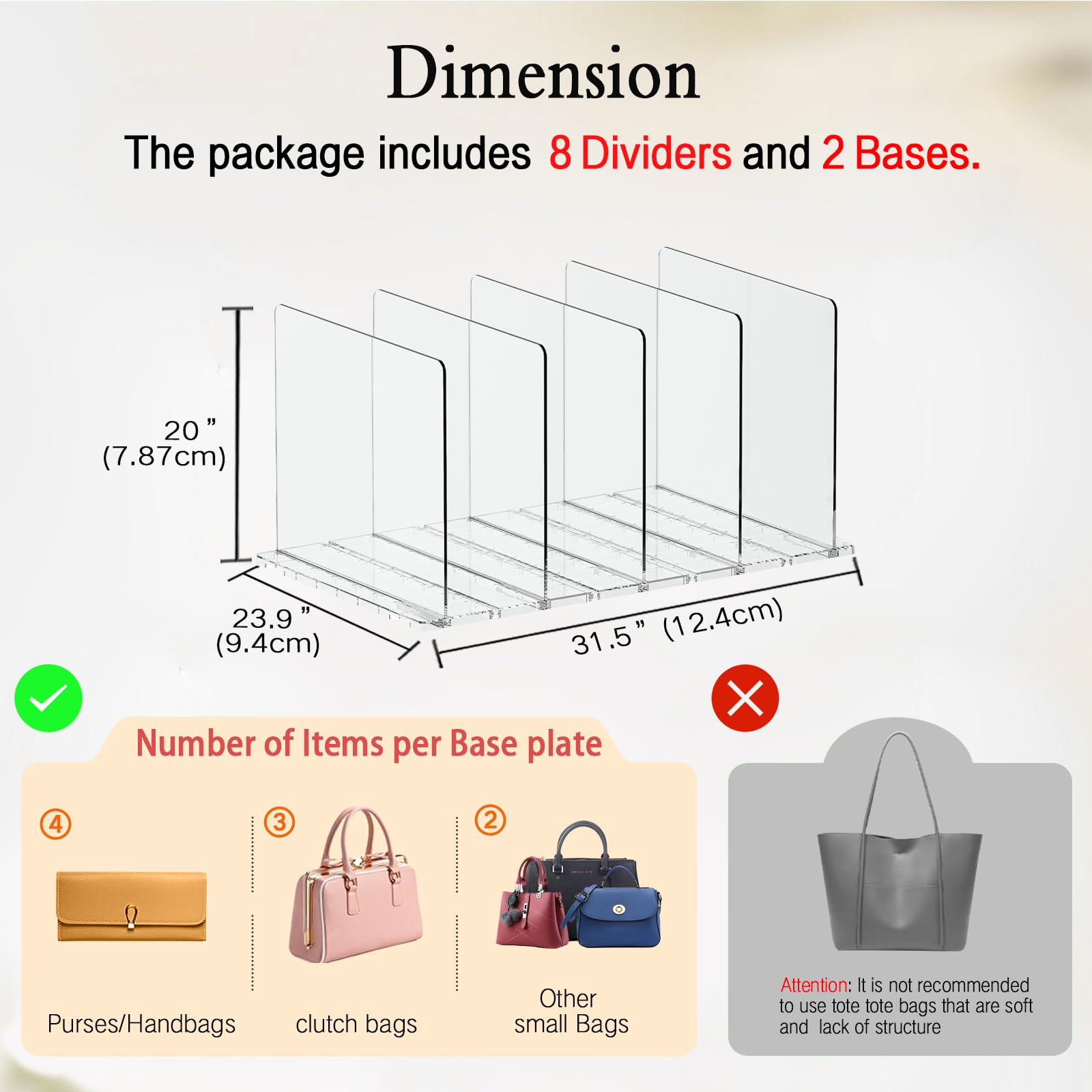 Organizador de bolso para armario, paquete de 2 organizadores ajustables de 8 capas para mujer, separadores de estantes transparentes para armario, estantería, almacenamiento, organización de
