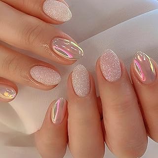 Bellelfin 24Pcs Short Oval Press on Nails Almond Fake Nails with Aurora Glitter Designs, Full Cover False Nail Nude Acrylic Nails Press Ons Reusable Glue on Nail for Women Fingernails Decor