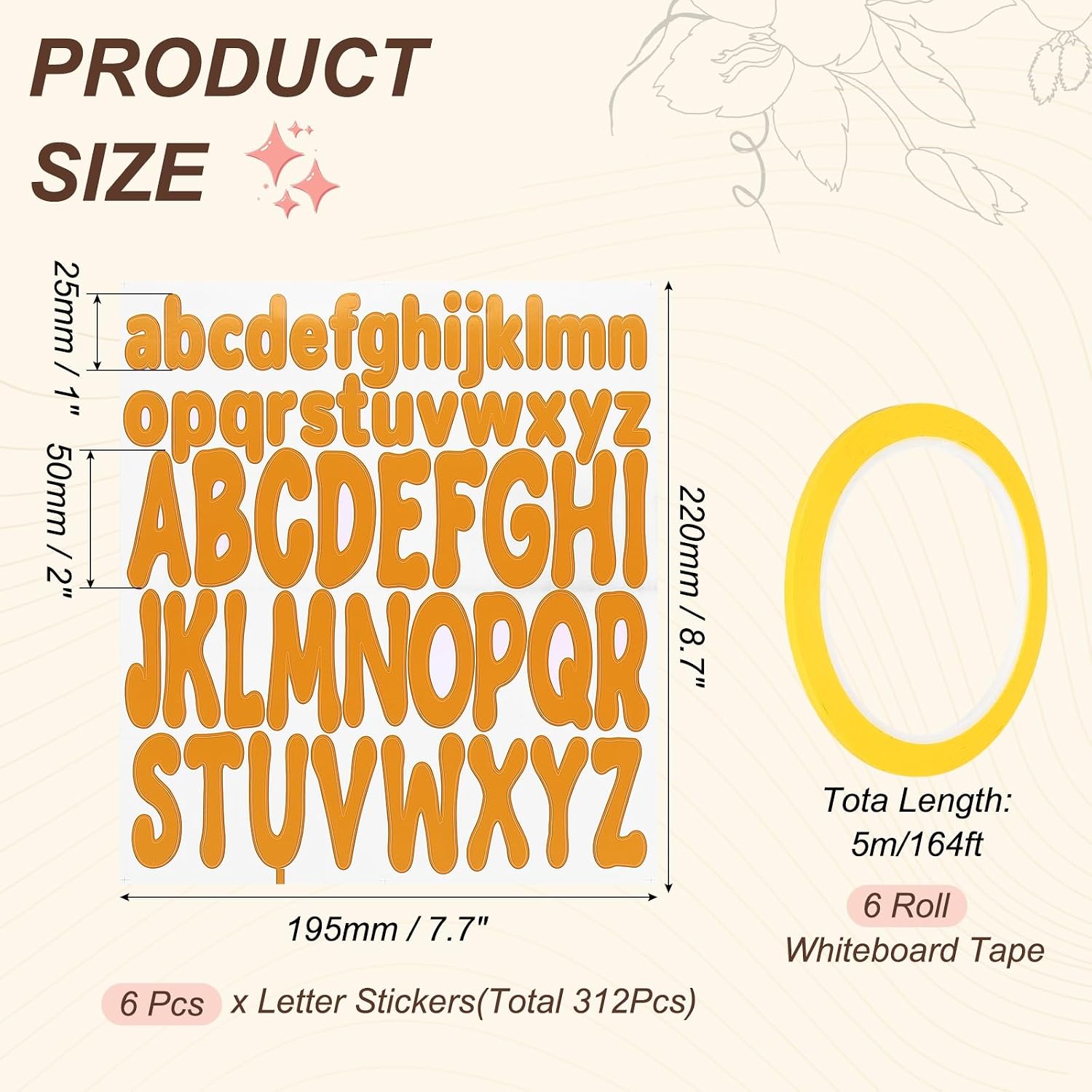 PATIKIL 312Pcs 2+1" Orange Letter Stickers with 6 Roll 1/8" 164ft Whiteboard Tape, Self Adhesive Waterproof Alphabet Stickers Pinstripe Tape for Mailbox Scrapbook Sign, Style3, Dark Yellow