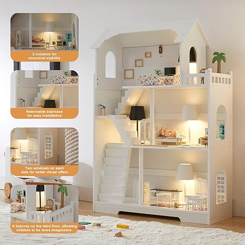 Miniatura 6 de Estantería de madera para casa de muñecas, 3 niveles para niños, para libros y juguetes, organizador de almacenamiento, casa de muñecas grande para