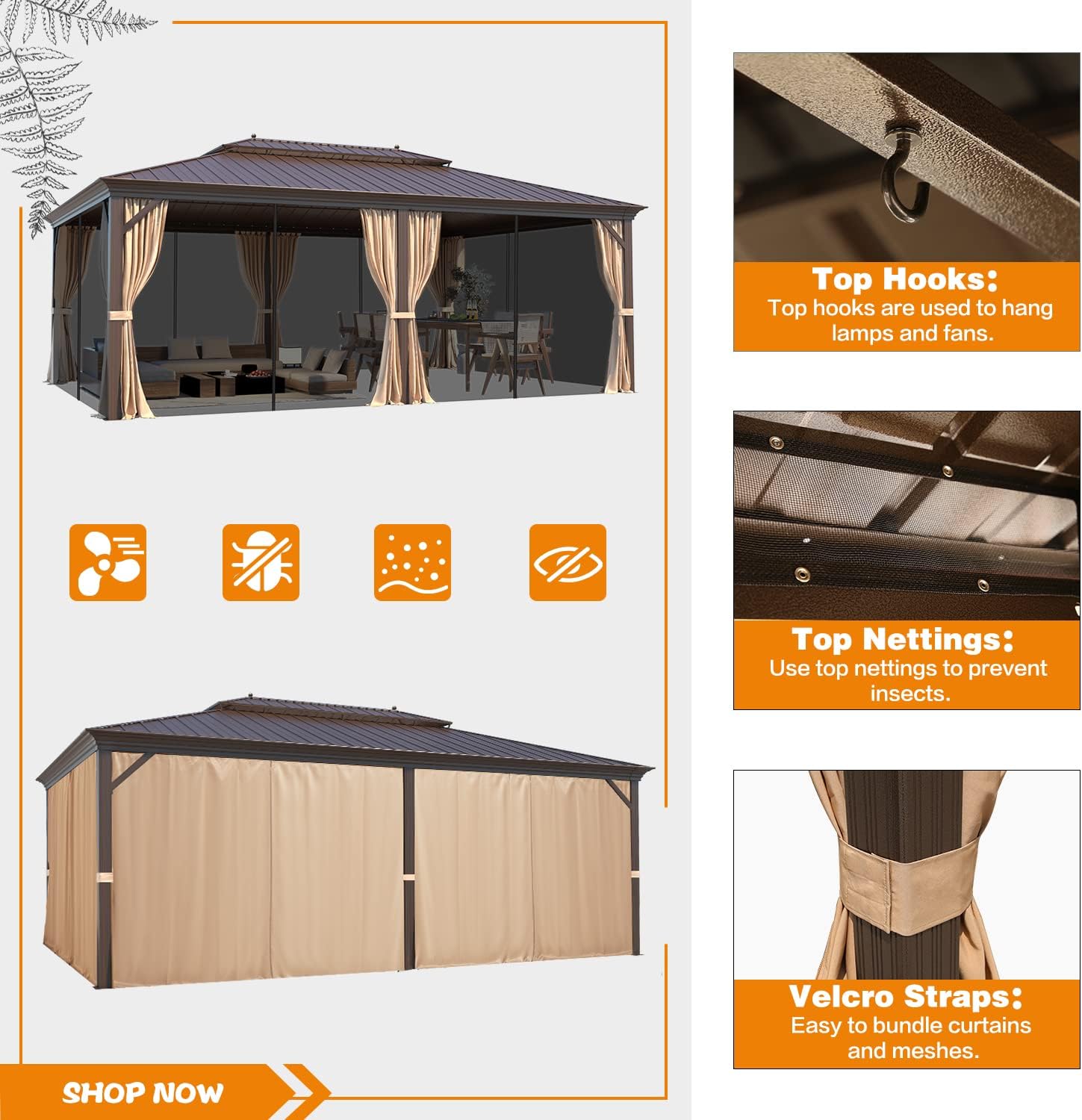 MELLCOM 14' x 20' Hardtop Gazebo,Galvanized Steel Metal Double Roof with Curtain and Netting,Brown Permanent Pavilion Gazebos with Aluminum Frame for Patios,Gardens,Lawns