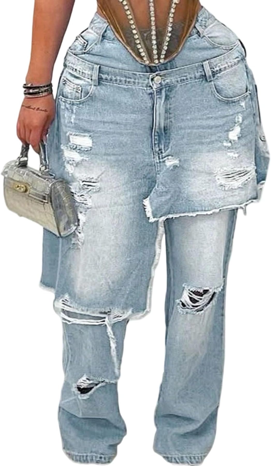 Womens Baggy Ripped Jeans Casual High Waisted Wide Leg Patchwork Tear Boyfriend Street Denim Pants with Pockets