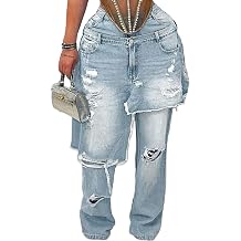NRTHYE Womens Baggy Ripped Jeans Casual High Waisted Wide Leg Patchwork Tear Boyfriend Street Denim Pants with Pockets