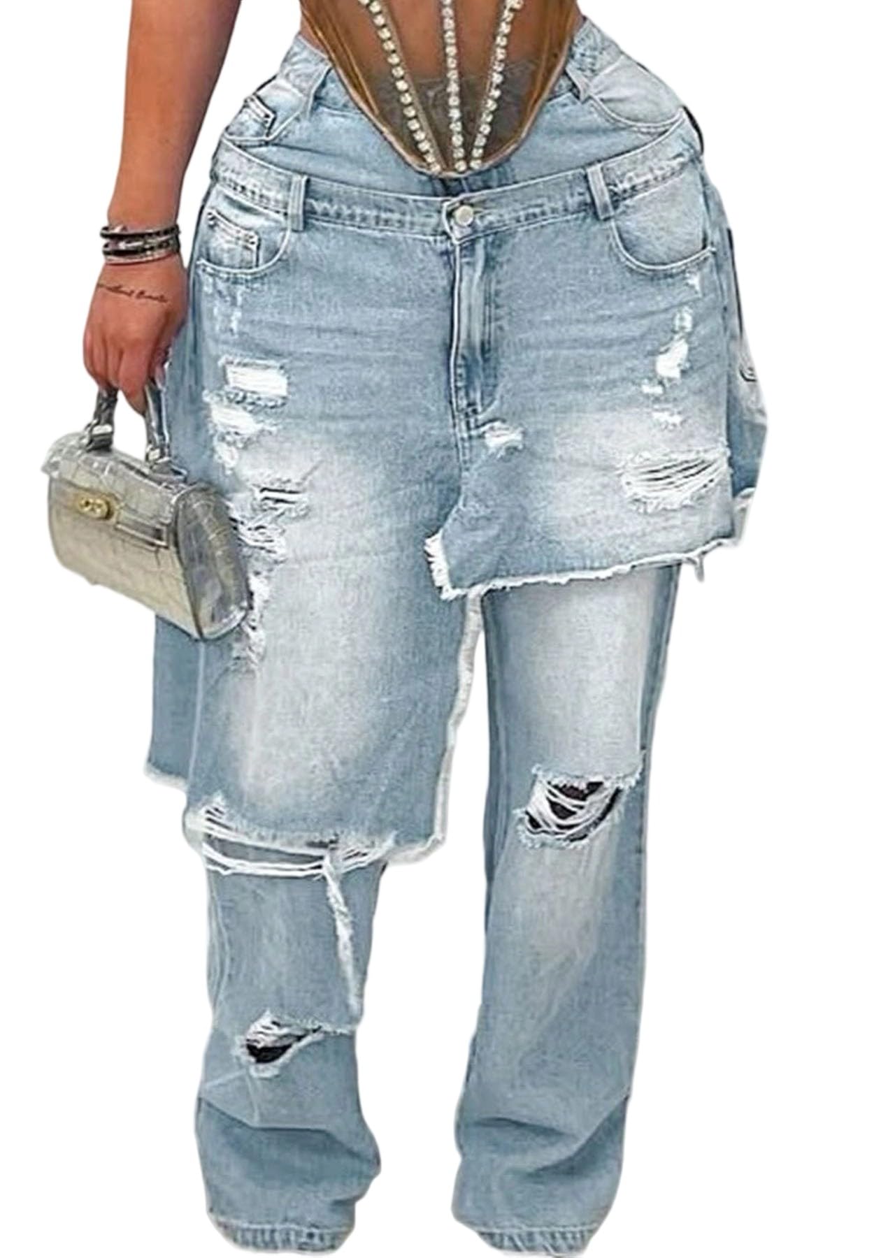 Womens Baggy Ripped Jeans Casual High Waisted Wide Leg Patchwork Tear Boyfriend Street Denim Pants with Pockets