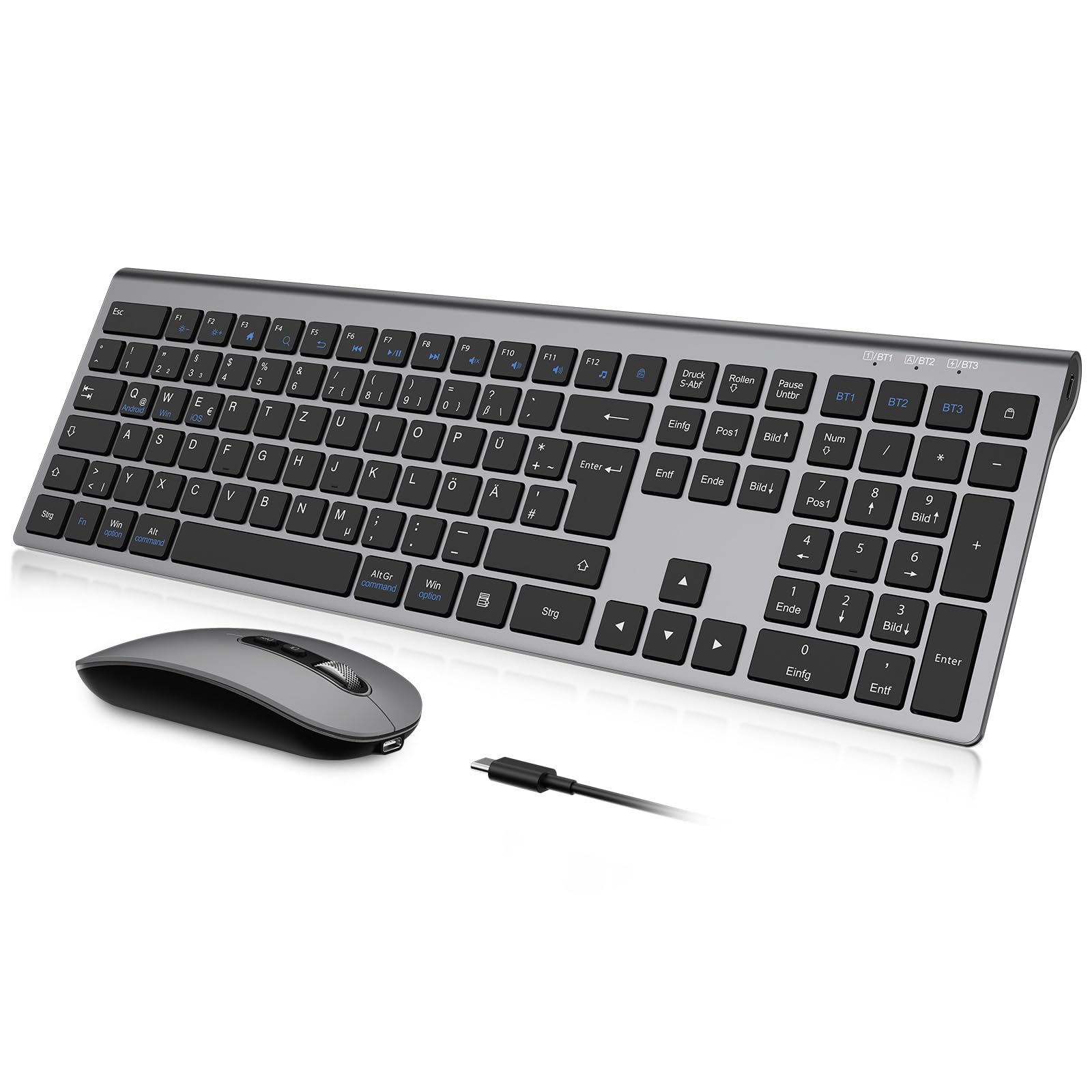 cimetech Bluetooth Tastatur Maus Set Kabellos Aufladbar 3 Geräte Verbindung | Wiederaufladbare Bluetooth Tastatur mit Maus Ultradünn, Ergo, Leises Tippen QWERTZ Layout für für Windows/Mac/iPad/Android