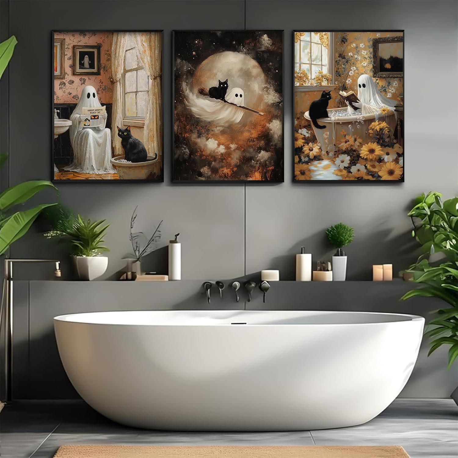 3Pcs Halloween Ghost Posters Wall Art Funny Ghosts and Black Cats Bathroom Canvas Wall Decor Retro Gothic Horror Artwork Dark Academic Style Painting Print for Bathroom Bedroom (12x16in poster)