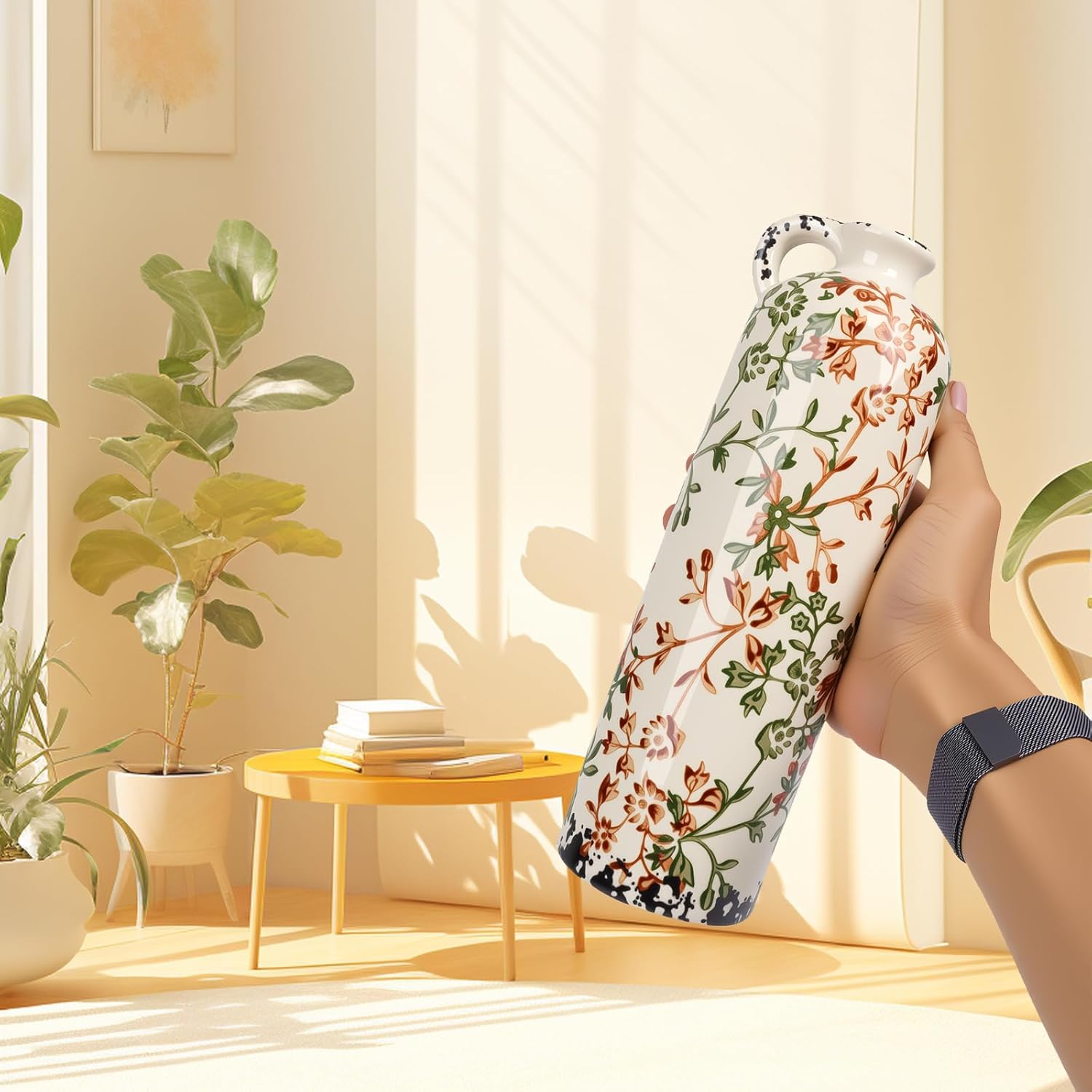 BestYiJo Ceramic Vase Set of 3, Vintage Green & Beige Hand-Painted Chinese Floral Vases - Rustic Farmhouse Decor for Living Room, Kitchen, Bookshelf | Grand Millennial Home Gift