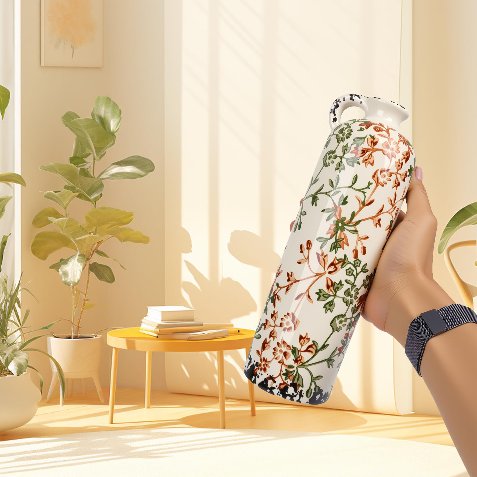 Keramik Vasen Set 3er Vintage Landhausstil, Blumenvase Groß & Klein mit Blumenmuster, Wasserdicht Dekorative Vase für Pampasgras & Trockenblumen, Rustikale Tischdeko Wohnzimmer Deko (Beige Floral)