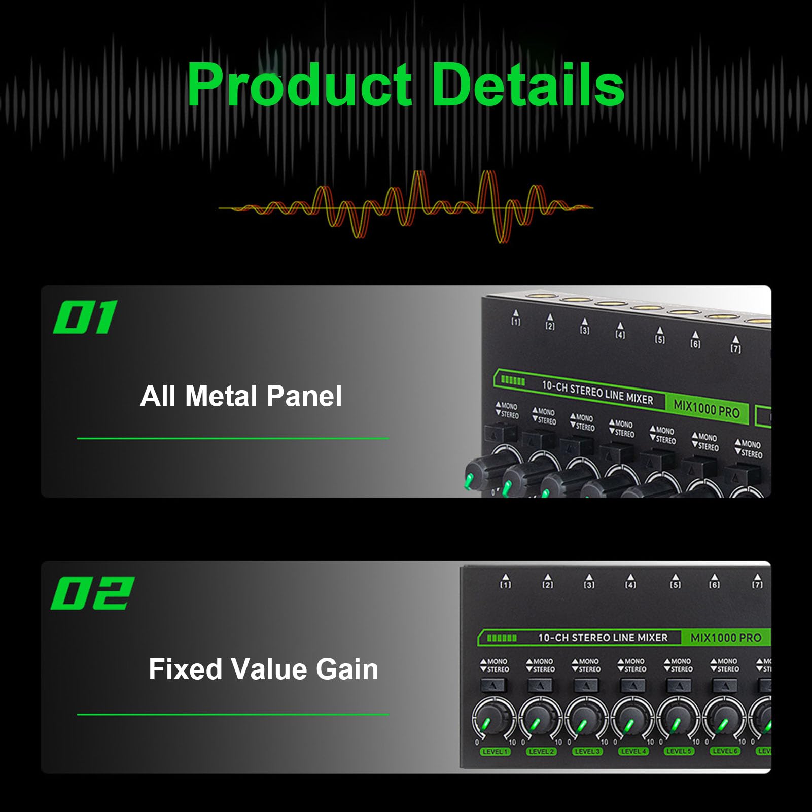 Fafeicy 10-Kanal Audio Mixer Stereo/Mono Line Mixer für Gitarre Bass Keyboard Studio Bühne Aufnahme DC 5V