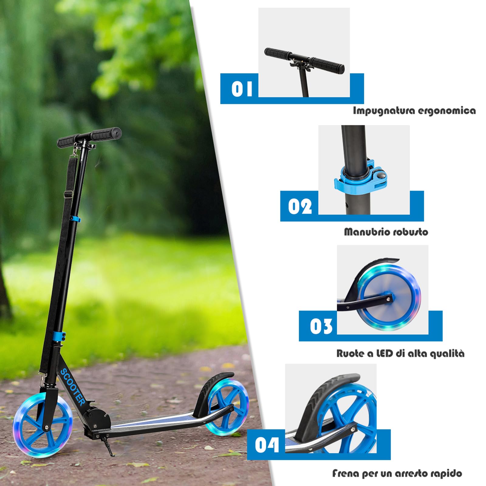 COSTWAY Monopattino Pieghevole con Altezza Regolabile, 2 Ruote Luminose con Freno, Manubrio Regolabile, Pedana Antiscivolo, Tracolla e Cavalletto, Scooter Portata 100kg, 10+ Anni