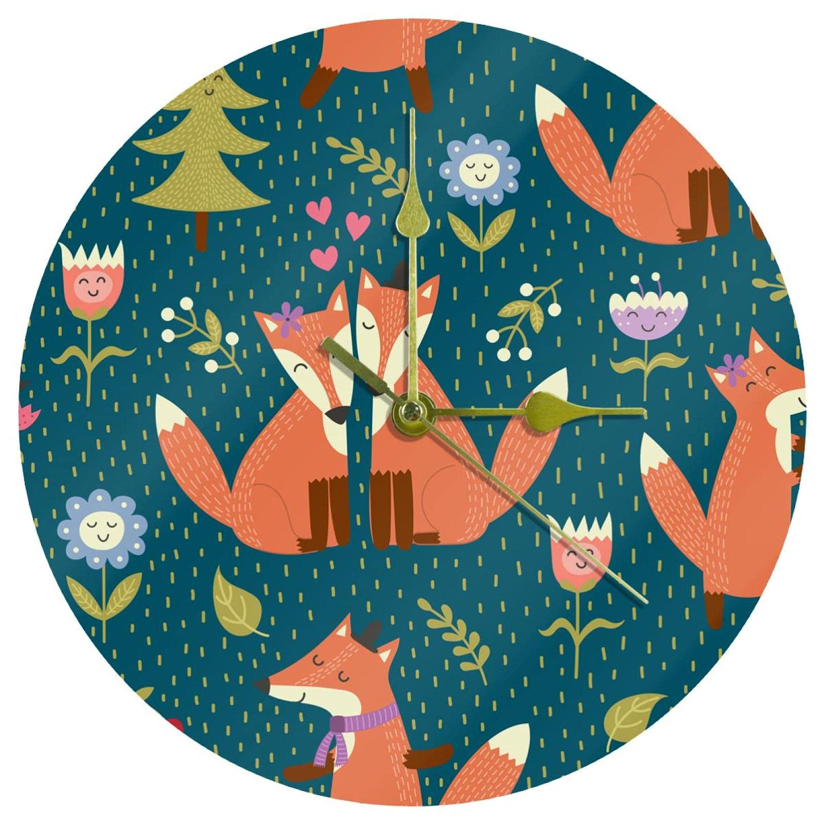 Horloge murale silencieuse en acrylique aux motifs de renards sans tic-tac pour salon
