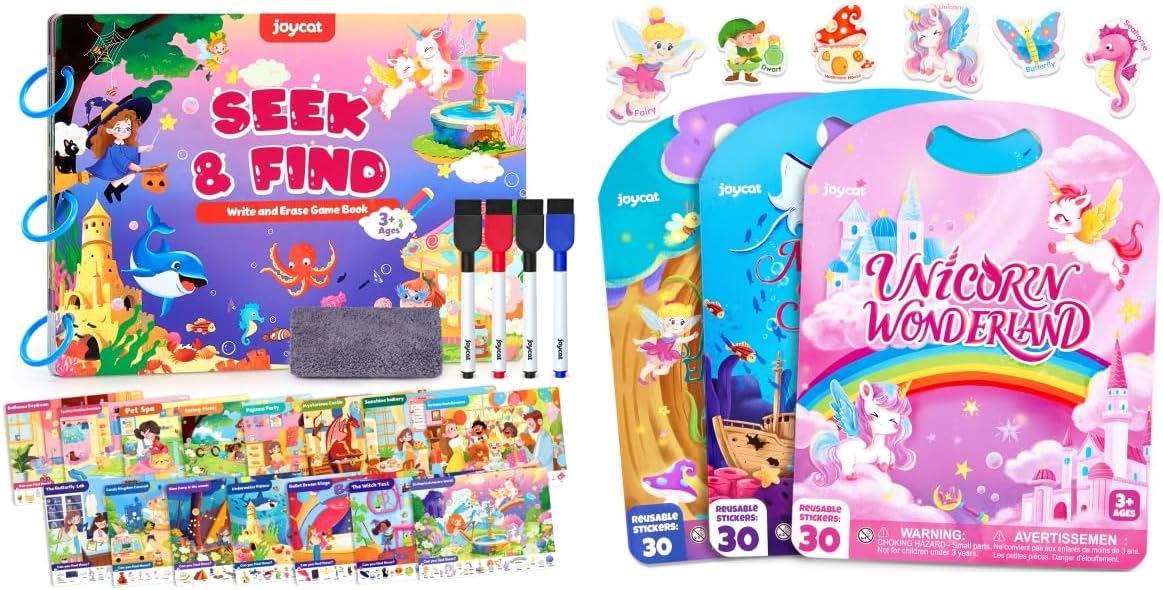 JoyCat Seek & Find Game Book Reusable Sticker Book Set (3-Pack): Unicorn, Fairies, Mermaid - 90 Pcs Stickers for Toddlers, Kids Sticker Activity Book