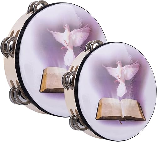 Framendino, Paquete de 2 panderetas de madera de paloma de 8 y 10 pulgadas, tambor de mano de doble fila, color blanco