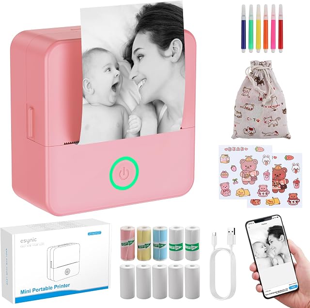 eSynic Portable Mini Thermal Printer-1200mAh Rechargeable Battery-Bluetooth Mini Printer-Lnkless Printing-Pocket Size Designed-5 Roll Adhesive & 5 Thermal Paper-6*Color Pen-for DIY/Photos/Study Notes