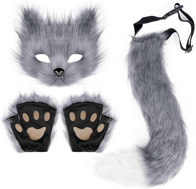 Conjunto therian de gato con máscara de gato de piel sintética y guantes de pata peluda. Disfraz especial para Halloween o cosplay