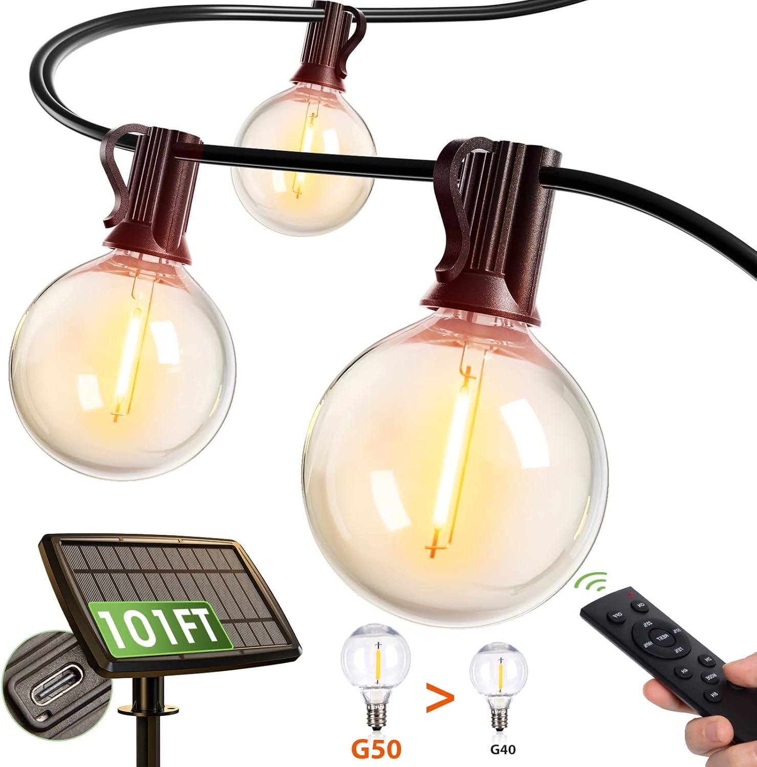 addlon 100FT Solar String Lights for Outside G50 Waterproof with USB Port Solar Patio Lights Outdoor Solar Powered LED Bulbs 3 Light Modes for Backyard Porch Garden Market Bistro Camping