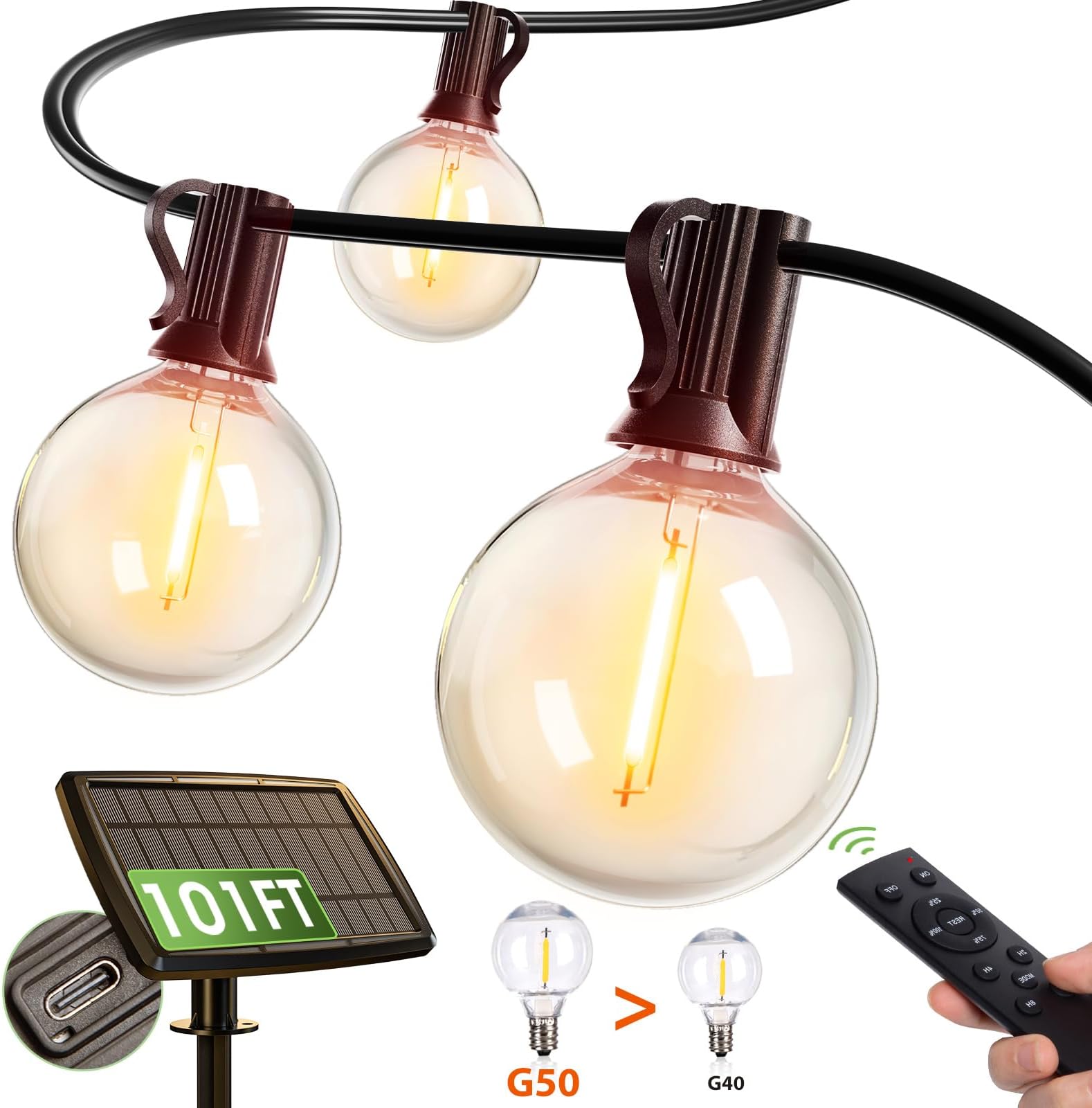 addlon 100FT Solar String Lights for Outside G50 Waterproof | with USB Port Solar Patio Lights Outdoor Solar Powered LED Bulbs 3 Light Modes for Backyard Porch Garden Market Bistro