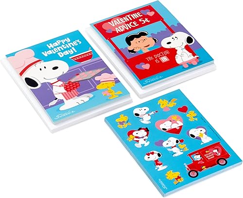Vista 3 de Hallmark Peanuts - Tarjetas y calcomanías para el día de San Valentín para niños, Snoopy y Lucy (24 tarjetas de San Valentín con sobres)