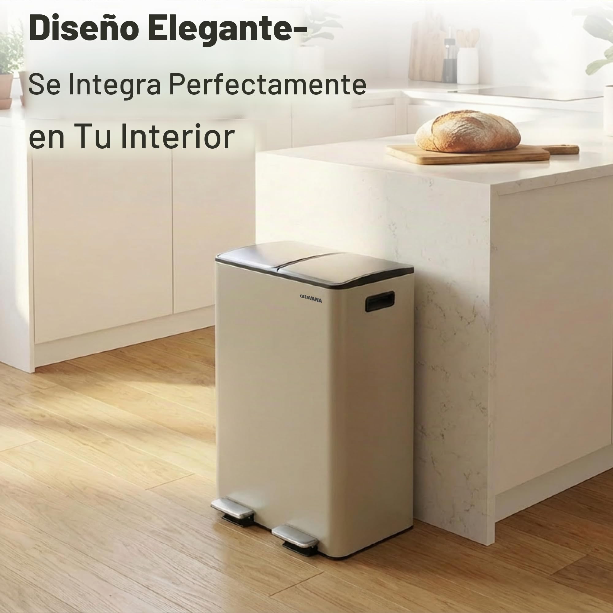 CATAVANA Papelera de cocina de clasificación selectiva 2 x 30 L - Doble compartimento 60 L - Papelera moderna para reciclaje - Diseño elegante - Beige