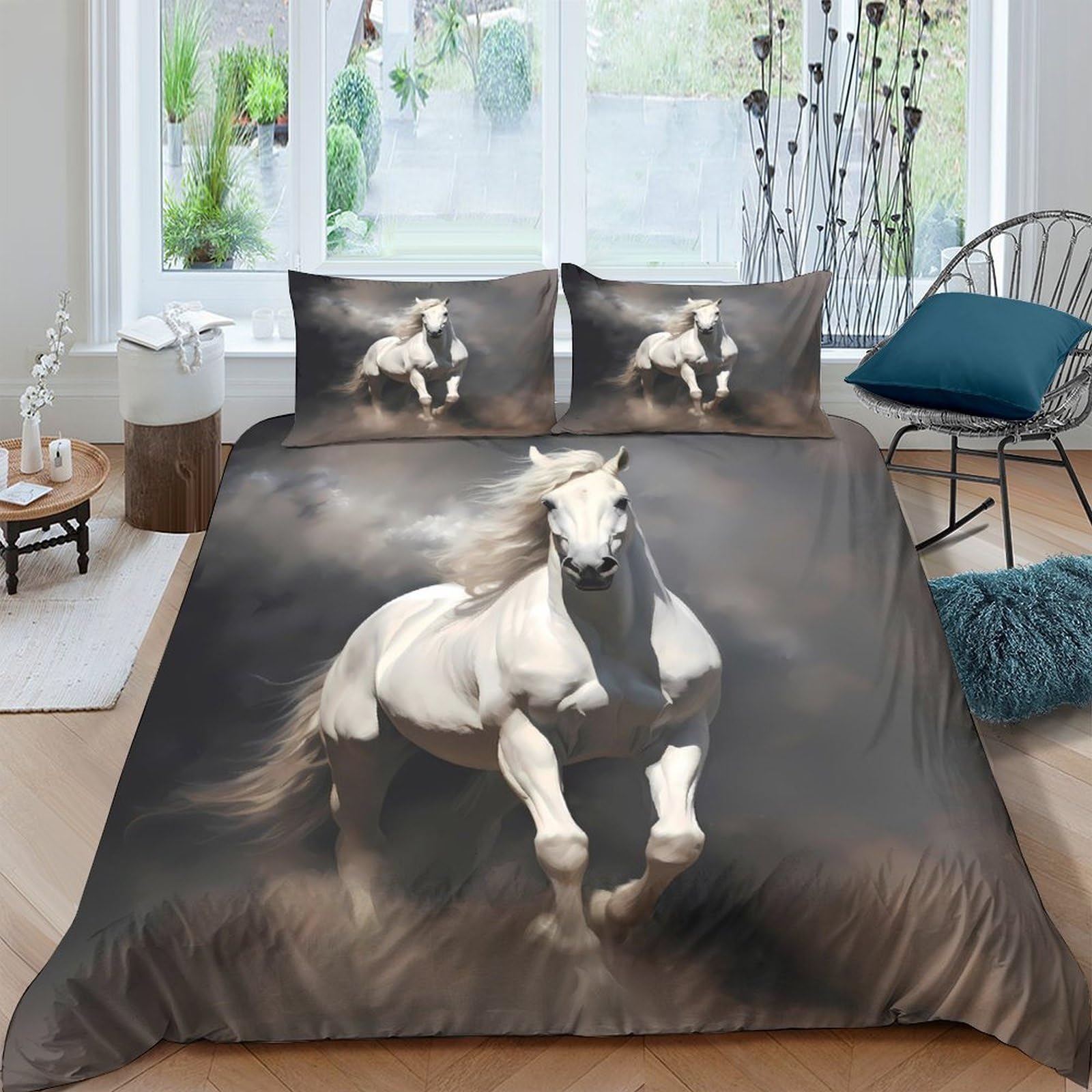 Linge de lit cheval blanc 3D luxueux art numérique housse de couette précieuse
